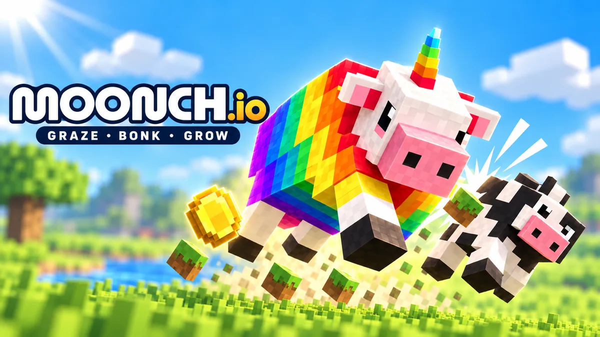 Moonch.io key art: a rainbow unicorn cow and a black-and-white cow on a voxel meadow