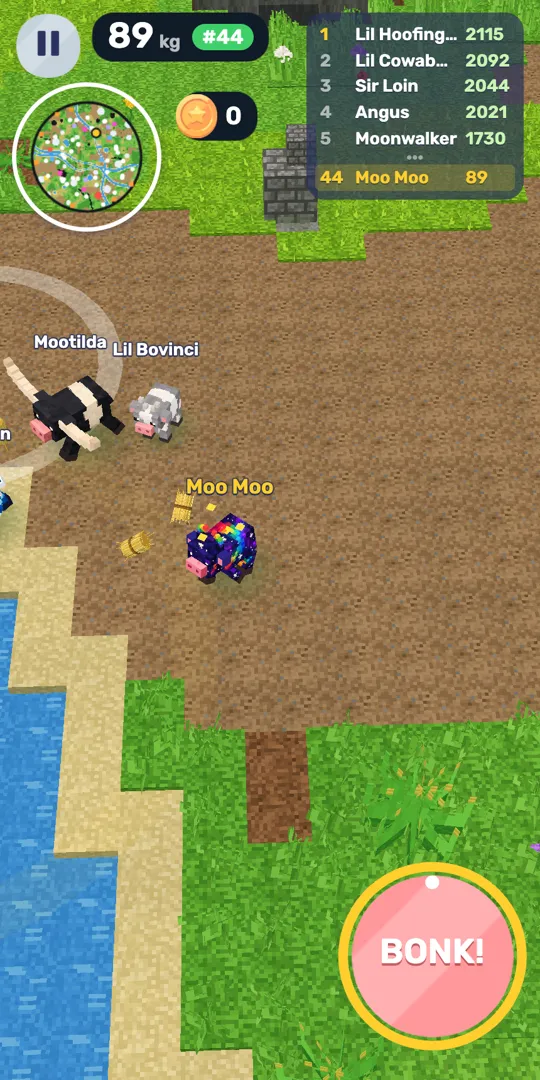 Moonch.io gameplay: a galaxy cow grazing next to two rival cows, with the weight, the leaderboard and the BONK! button